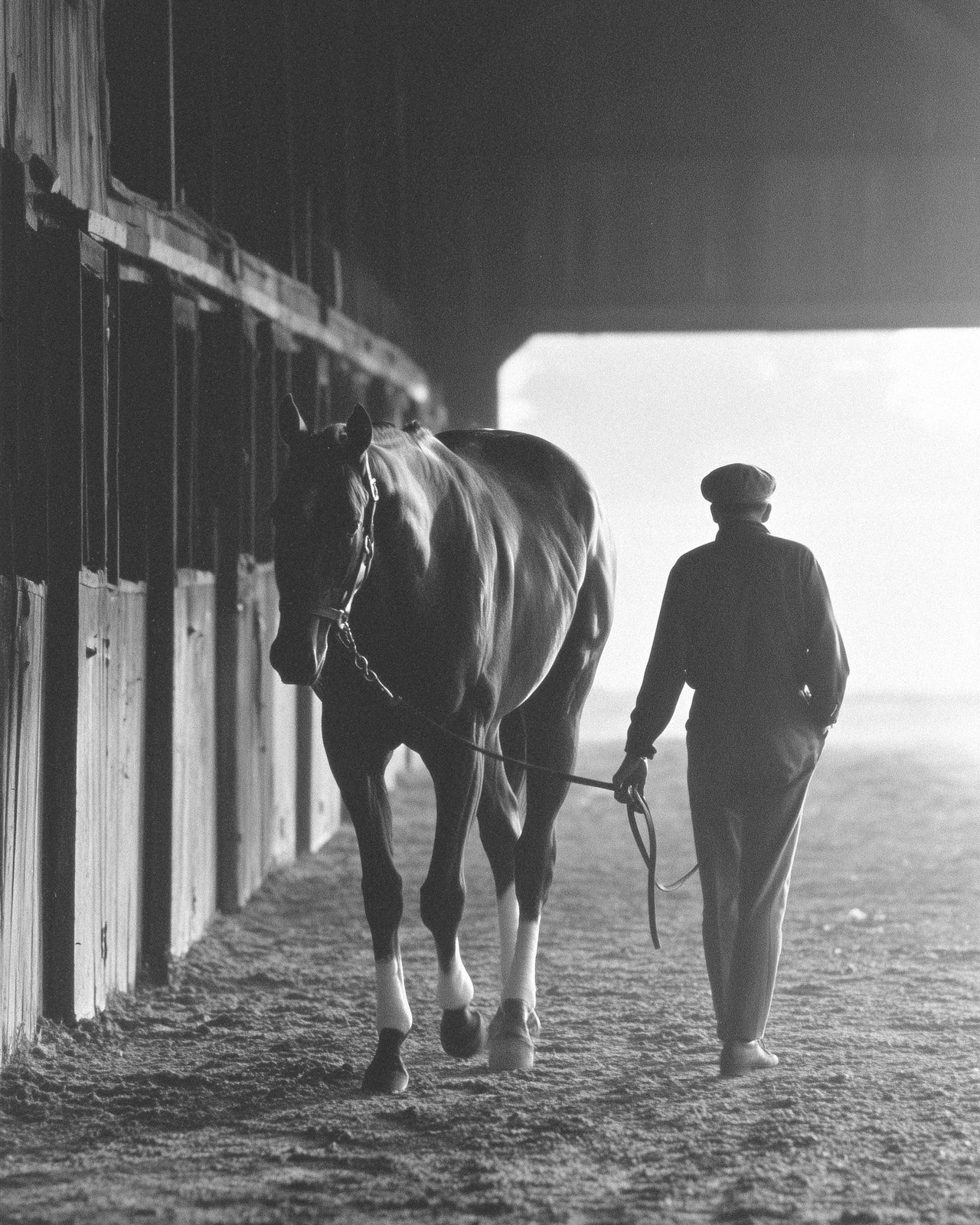 A groom leads a colt down a wooden shedrow at morning — generated illustration in the early-1970s documentary manner